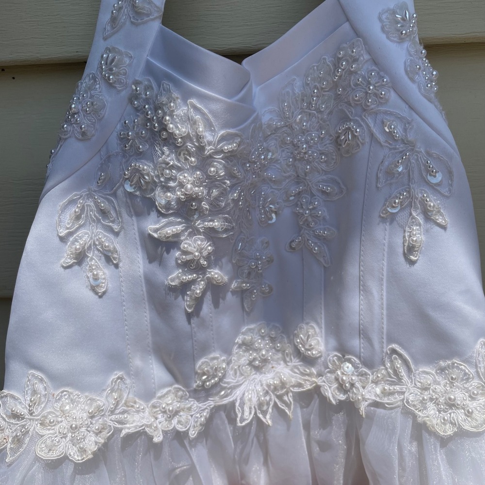 Davids Bridal Girl 4 White Princess Pageant Halter Lace Pearl Flower Girl Formal - Picture 3 of 8